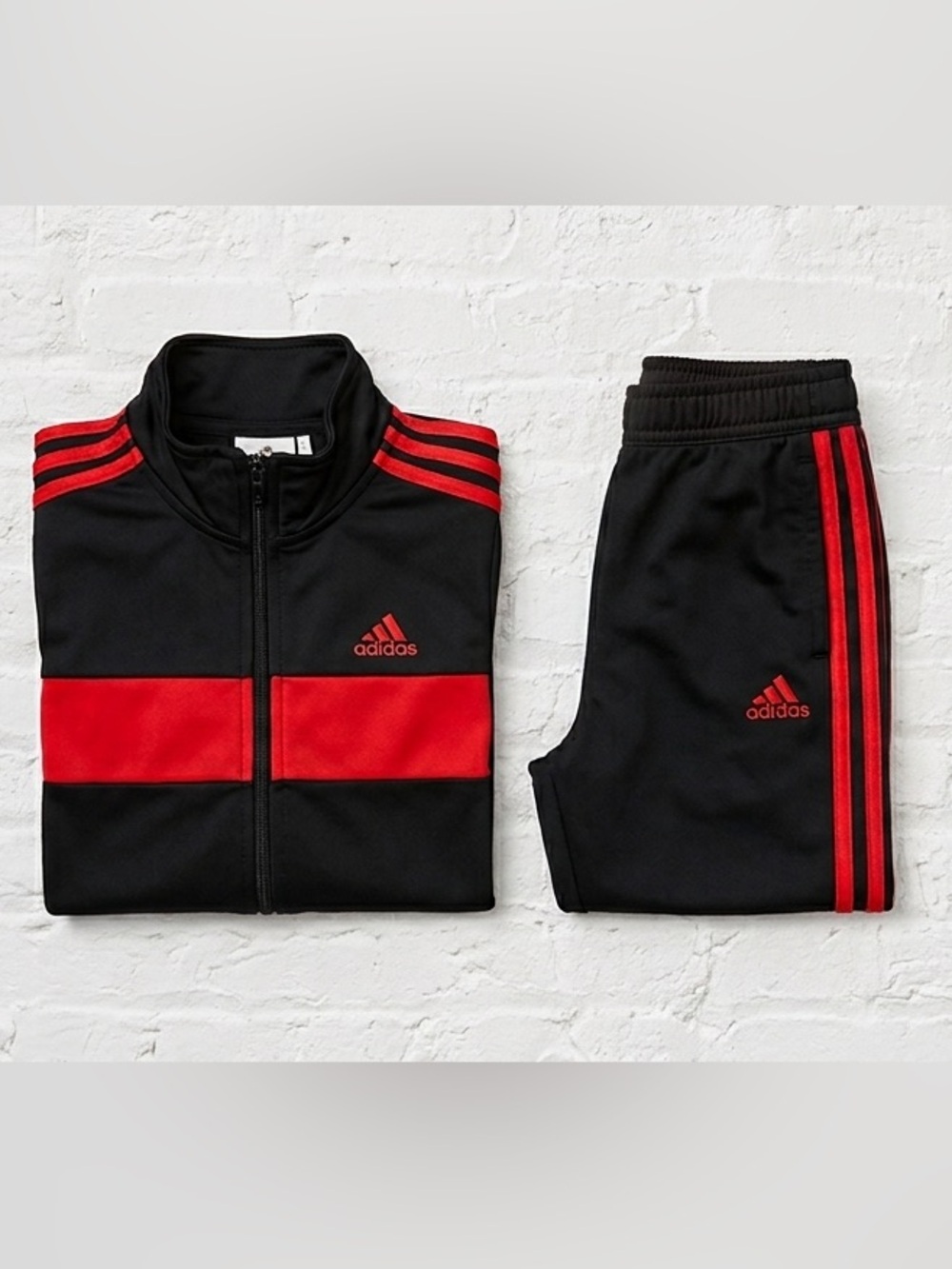 Adidas Toddler Boys Tracksuit Set Size 5 Black Red Jacket Pants 2 Piece